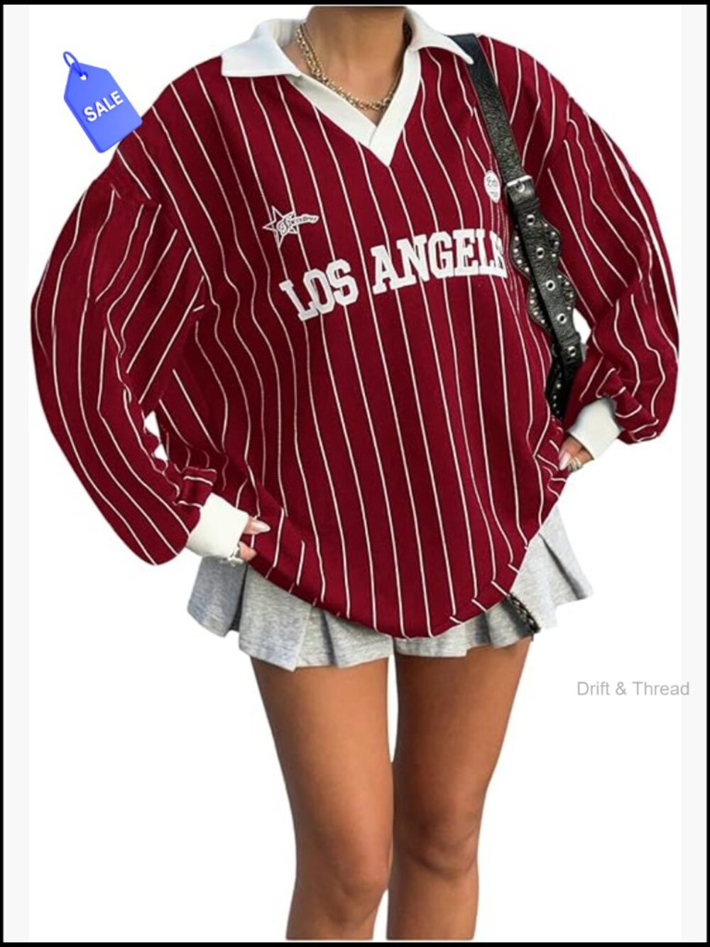 Oversized Long Sleeve V Neck T-Shirt Striped Letter Print Loose Fit